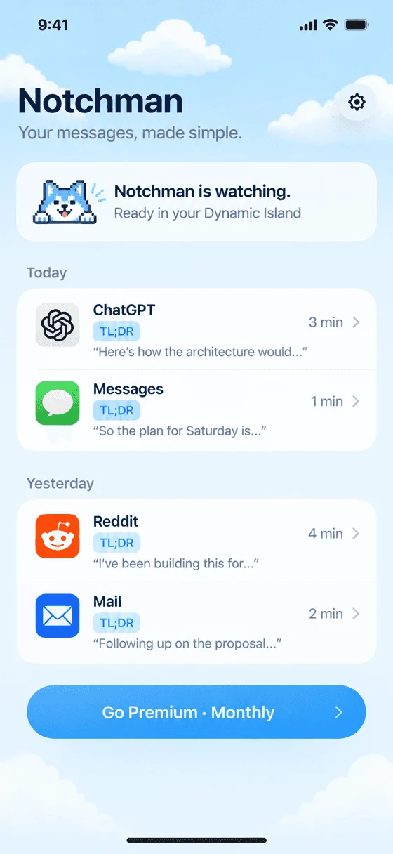 Notchman home screen with recent TL;DRs